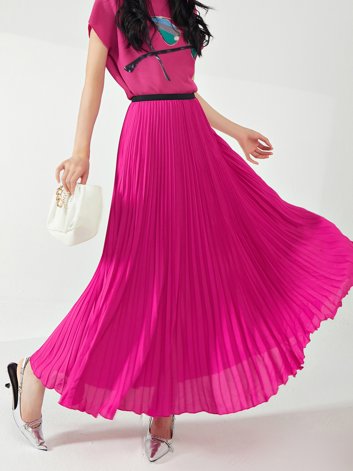 Chiffon Skirt Spring Women's Skirt New Elastic Waist Lining Light and Elegant Draped Fashion Miyake Pleated Skirt