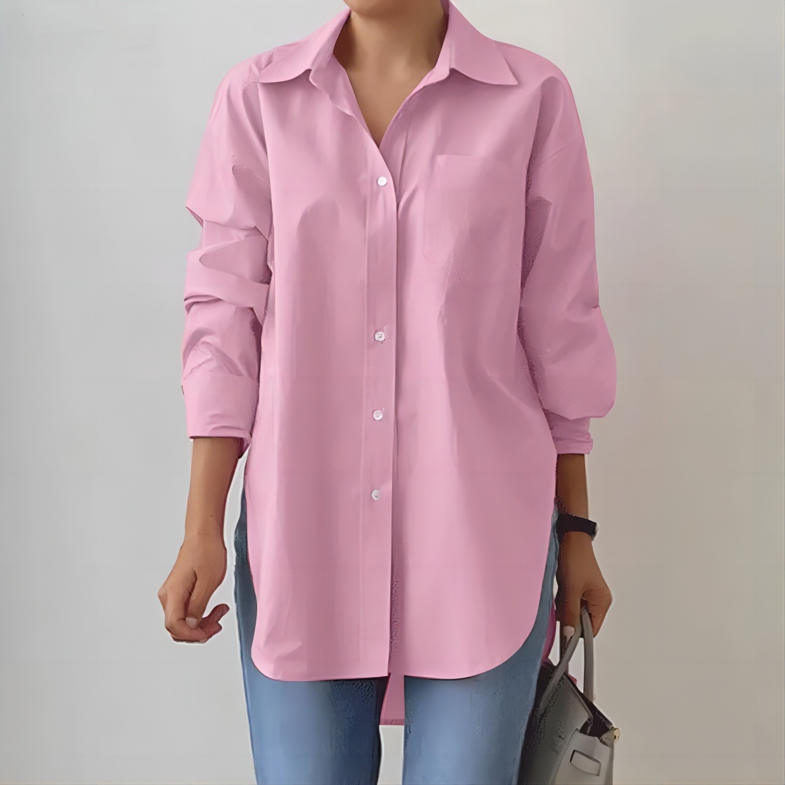 Picture of Elegant lapel long sleeve shirt 2024 fashion women's spring and autumn solid color split hem oversized OL work shirt