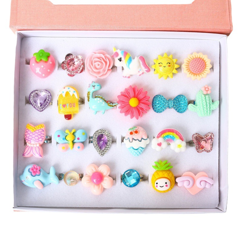 Cross-border children's cartoon gem ring adjustable size 24 rose boxed girl dress up Ring Christmas gift