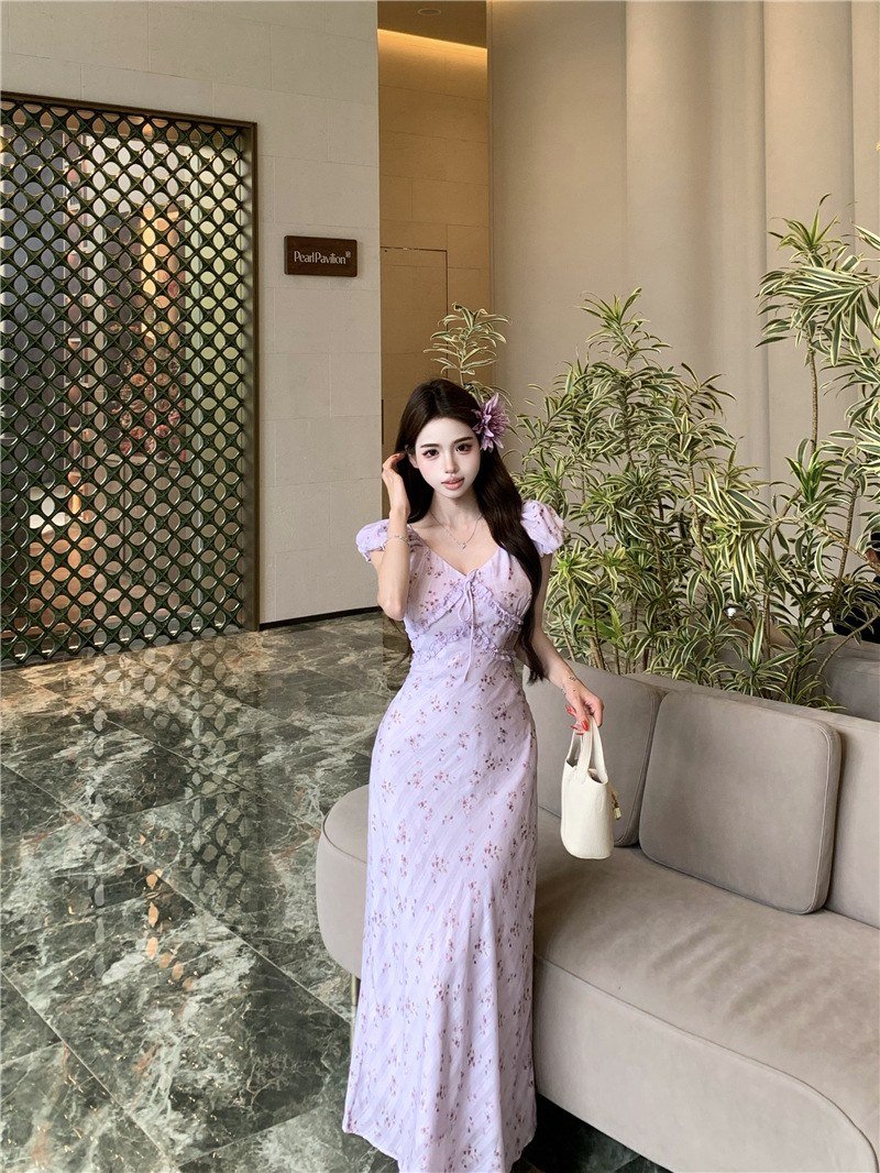 Summer Ootd Outfit Pure Purple Floral Dress for Women Seaside Vacation Long Skirt Particularly Beautiful Pinch Waist Skirt