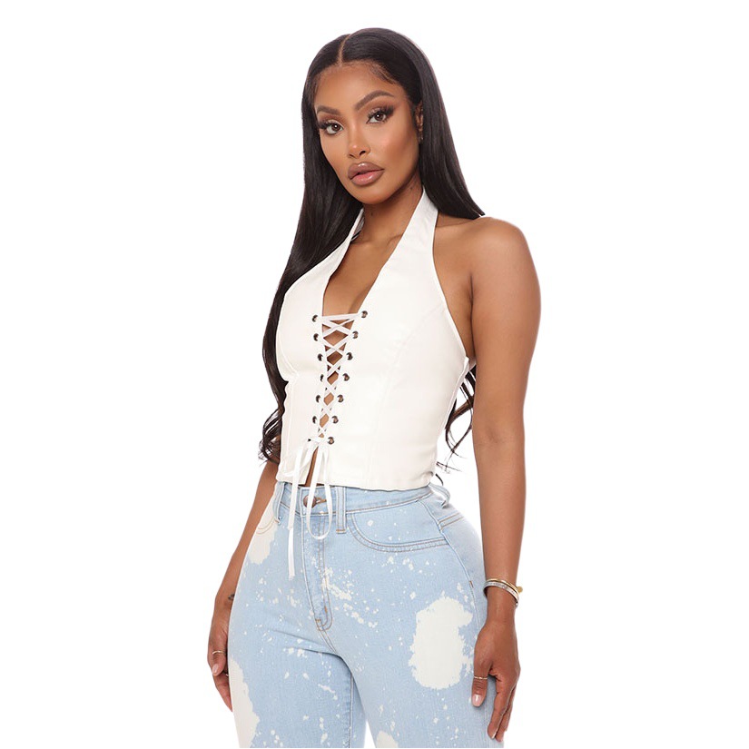 [Leather Top] European and American Style 2023 Summer New Style Lace-Up Sleeveless Vest Short Style Ladies Fashionable and Sexy