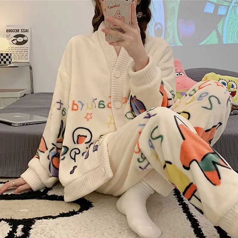 Flannel Pajamas Women's Winter New Thickened Velvet Student Cute Cartoon Cardigan Home Clothes Two-piece Suit