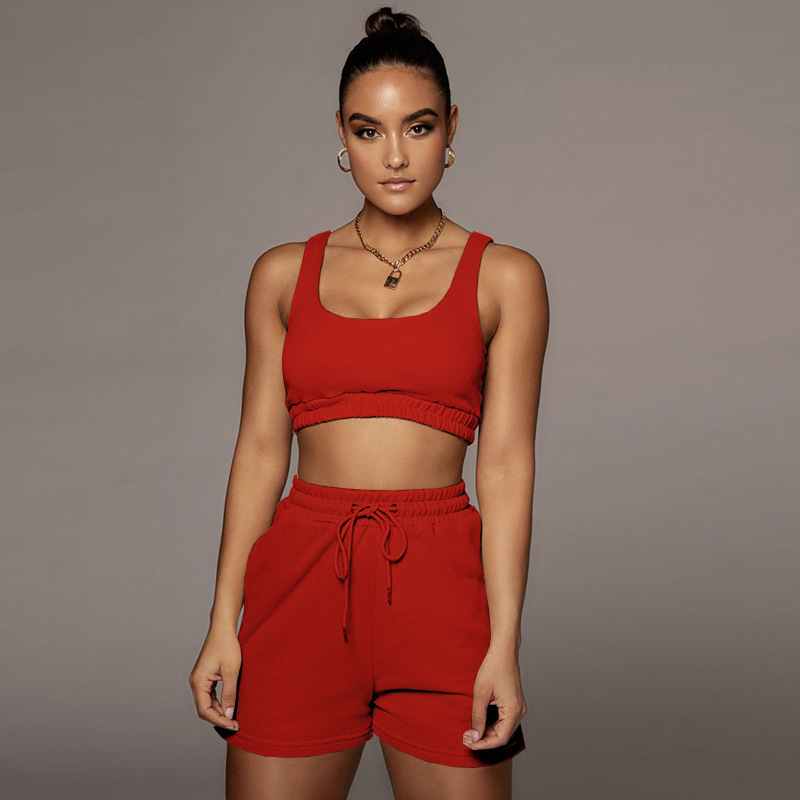 Picture of 2024 European and American Amazon cross-border summer women's solid color double-layer vest shorts sports navel suit