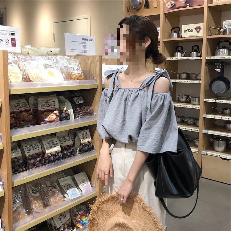 Picture of Spring and Summer 2022 New Korean Striped Shirt Female Student Lace-up Short Sleeve Shirt Loose Shoulder Top Trendy