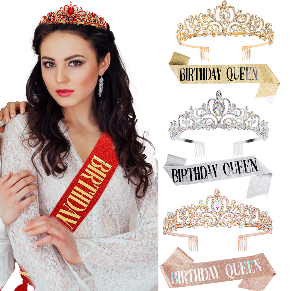 European and American Fashion Crystal Crown Belt Ceremonial Belt Birthday Tiara Crown Birthday Queen Ribbon Batch