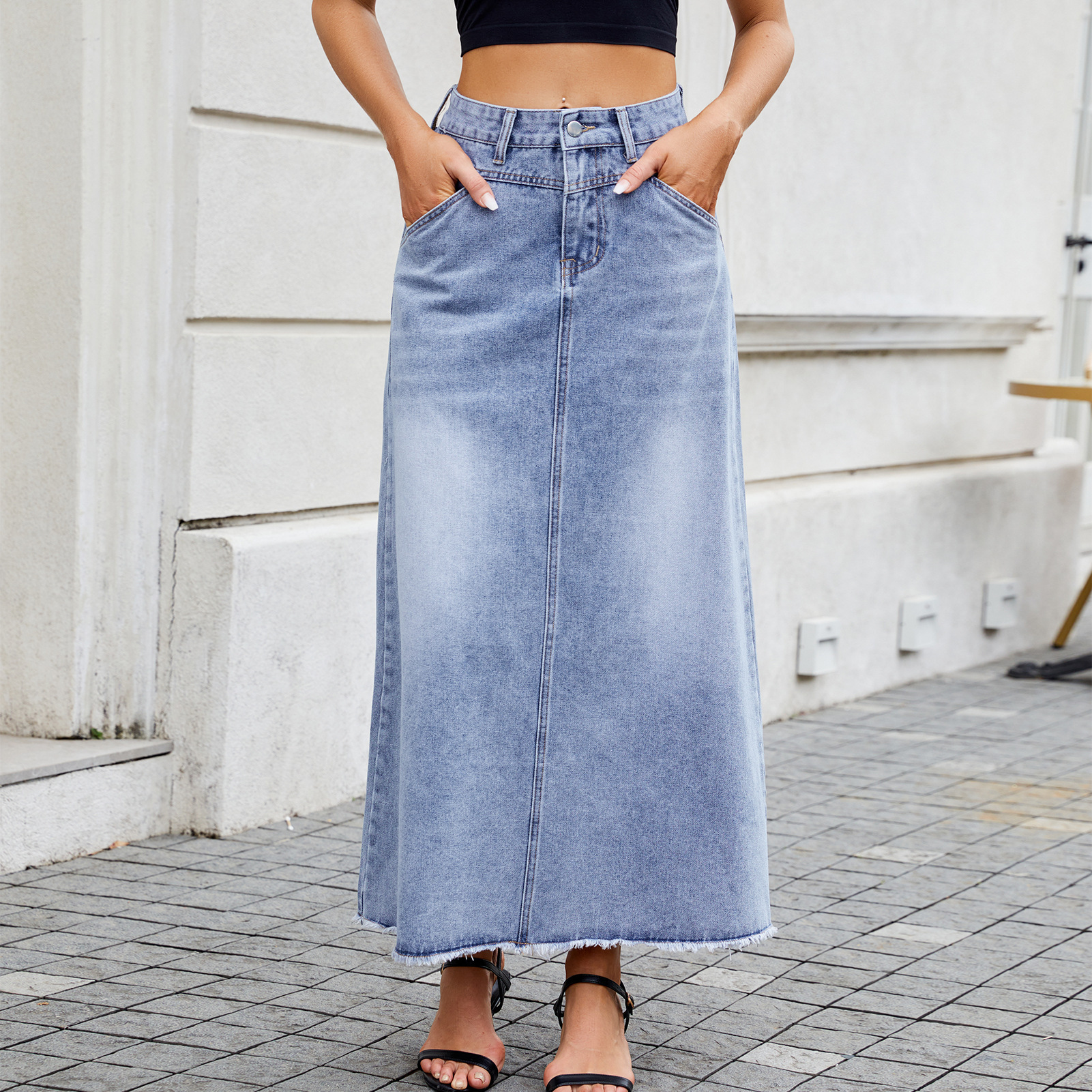 Cross-border foreign trade Europe and the United States spring and summer new Amazon high waist denim skirt fashion loose pocket half-length skirt women