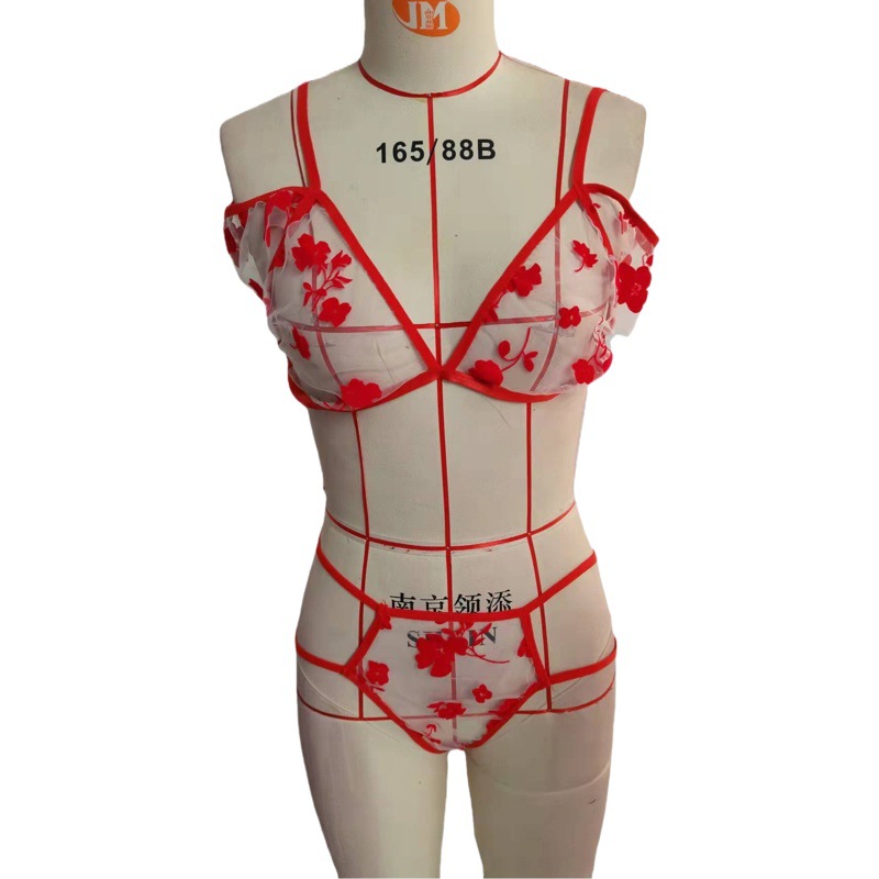 Sexy Underwear Cross-border Flocking Lace Perspective Chest-free Sexy Three-point Bra 600