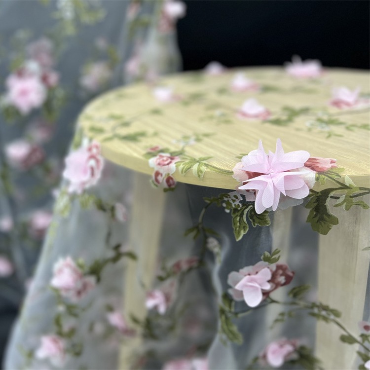 Picture of Hot Sale 3D Handmade Ordered Stereo Fabric Organza Printed Branch Flower dress Chiffon Embroidered Fabric Lace