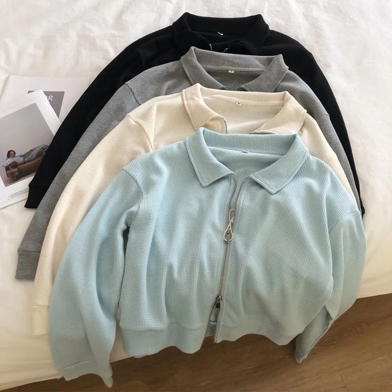 Zipper Sweatshirt Coat Polo Collar Short Shoulder Top for Female Students Spring and Autumn New Loose Harajuku Style Ins Trendy