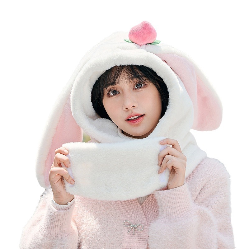 Picture of Winter Warm Peach Rabbit Mask Hat and Scarf Integrated Xiaomei Same Style Outdoor Skiing and Cycling Helmet Hat Cute