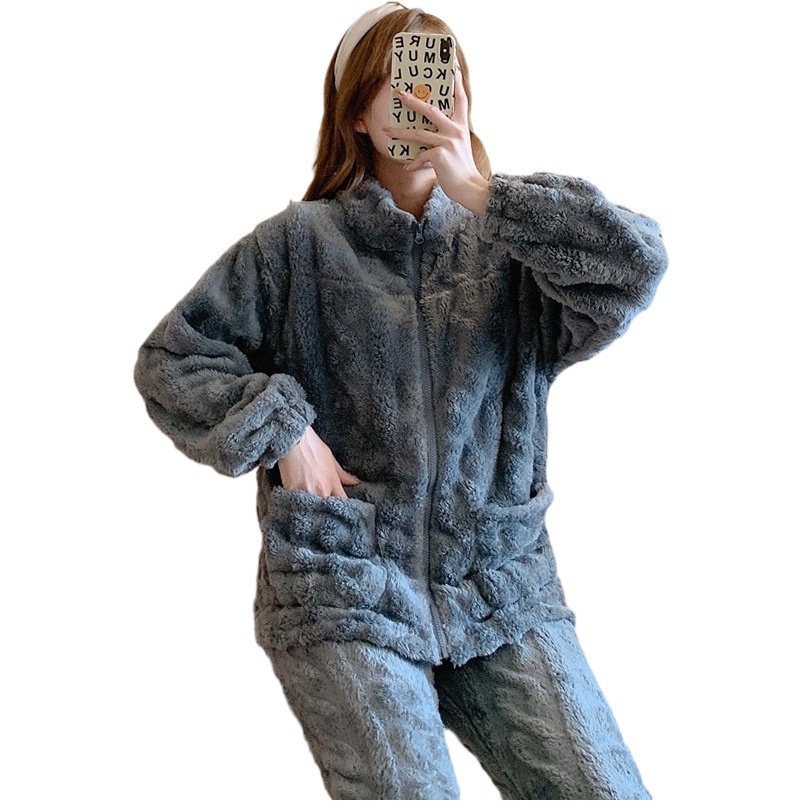 Coral Velvet Pajamas for Women, Autumn and Winter Style, Zipper, High Collar, Can Be Worn Outside, Autumn and Winter Fleece-Lined, Thickened Flannel Fashion Set