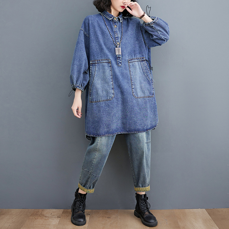 Picture of Spring and Autumn New Denim shirt skirt plus size distressed retro top drawstring large pocket loose meat covering dress