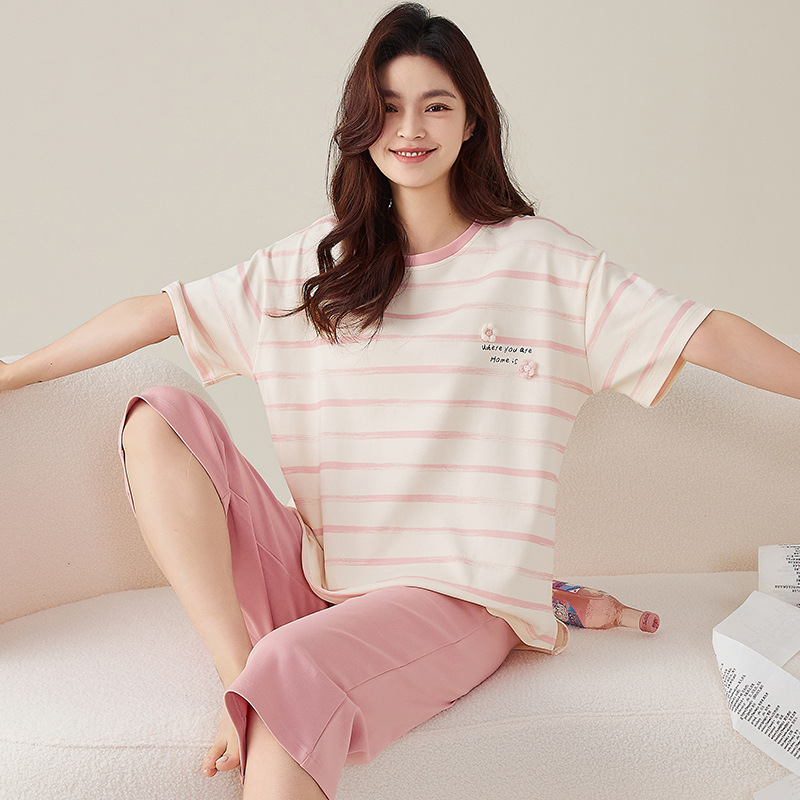 Pure Cotton Pajamas for Women Summer Short-Sleeved Cropped Pants Pullover Striped Summer New Style Can Be Worn Outside Women's Home Clothes Set