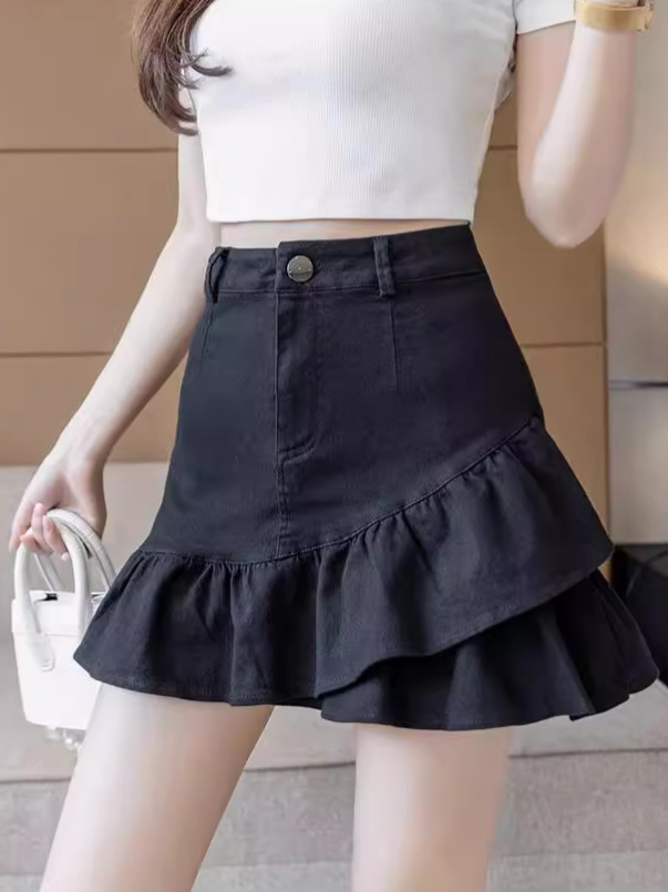 Denim Skirt Women's 2024 Summer New All-match Ruffled High Waist Slimming A- line Hip Fishtail Skirt
