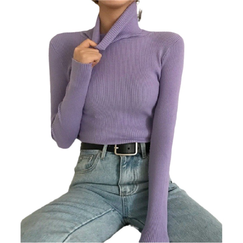 Women's solid color turtleneck long-sleeved sweater autumn and winter versatile slim-fit slimming sweater casual bottoming pullover knitted sweater