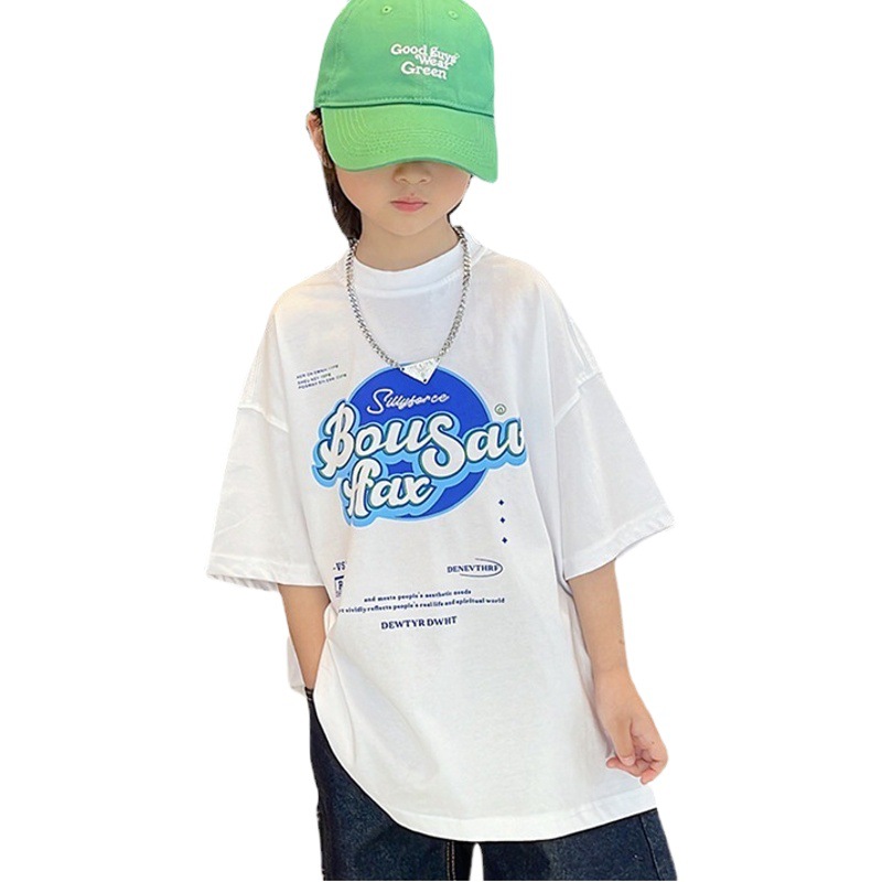 Korean Children's Wear Boys and Girls Pure Cotton T-shirt 2023 Summer New Korean Style Girl's BF Style Mid-length Short-sleeve Dress Trendy