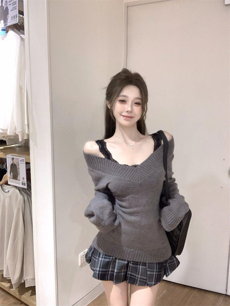 Vintage Grey V-neck Long-sleeved Sweater Women's Autumn Slim-fit Slimming Lazy Sweater Soft Waxy All-match Base Top