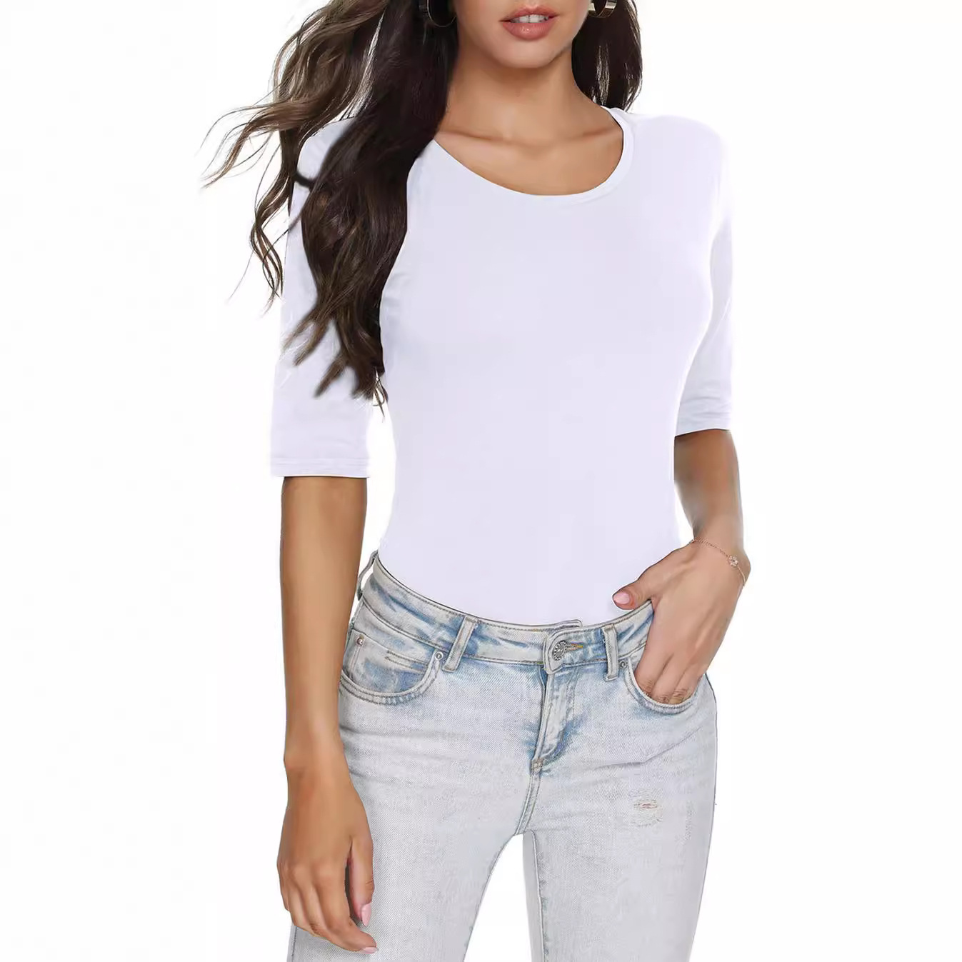 Picture of Cross-border 2024 Amazon wish European and American Foreign Trade Women's New Spring and Summer Casual Round Neck Five-point Sleeve Top for Women