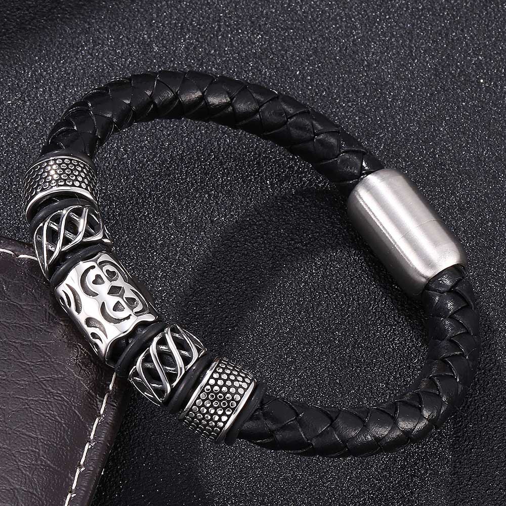 Amazon European and American leather handmade bracelet leather woven men's leather bracelet vintage stainless steel leather rope