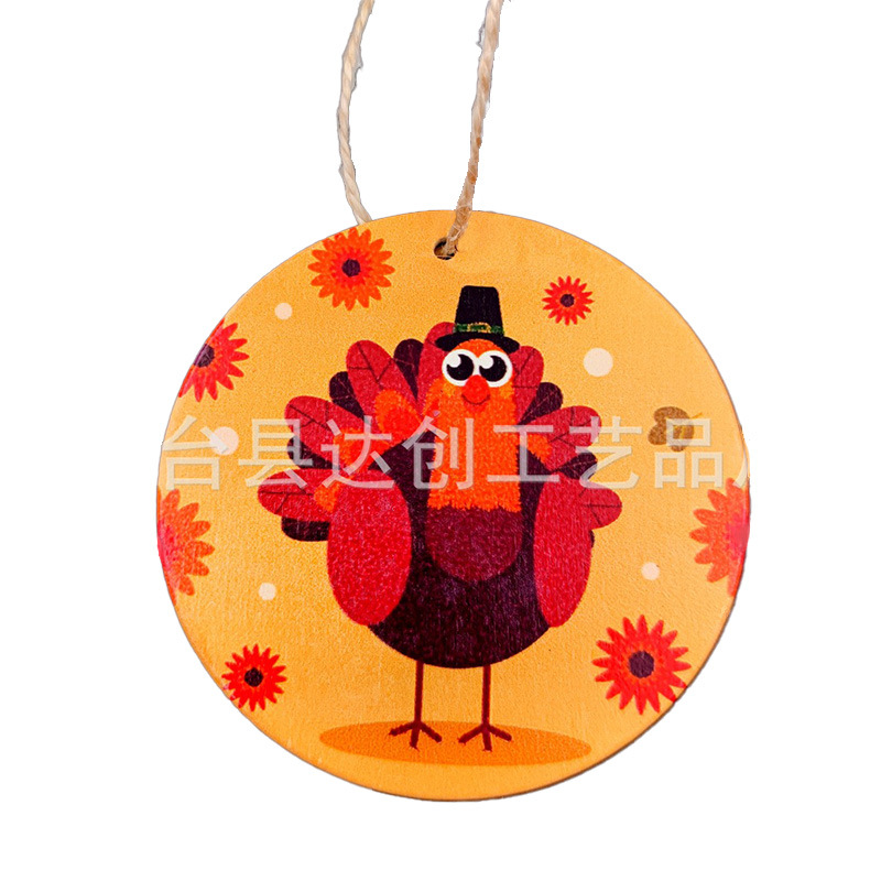 Wooden Thanksgiving decoration round pendant 70mm white background painted Turkey round wood chips 10 PCs/bag
