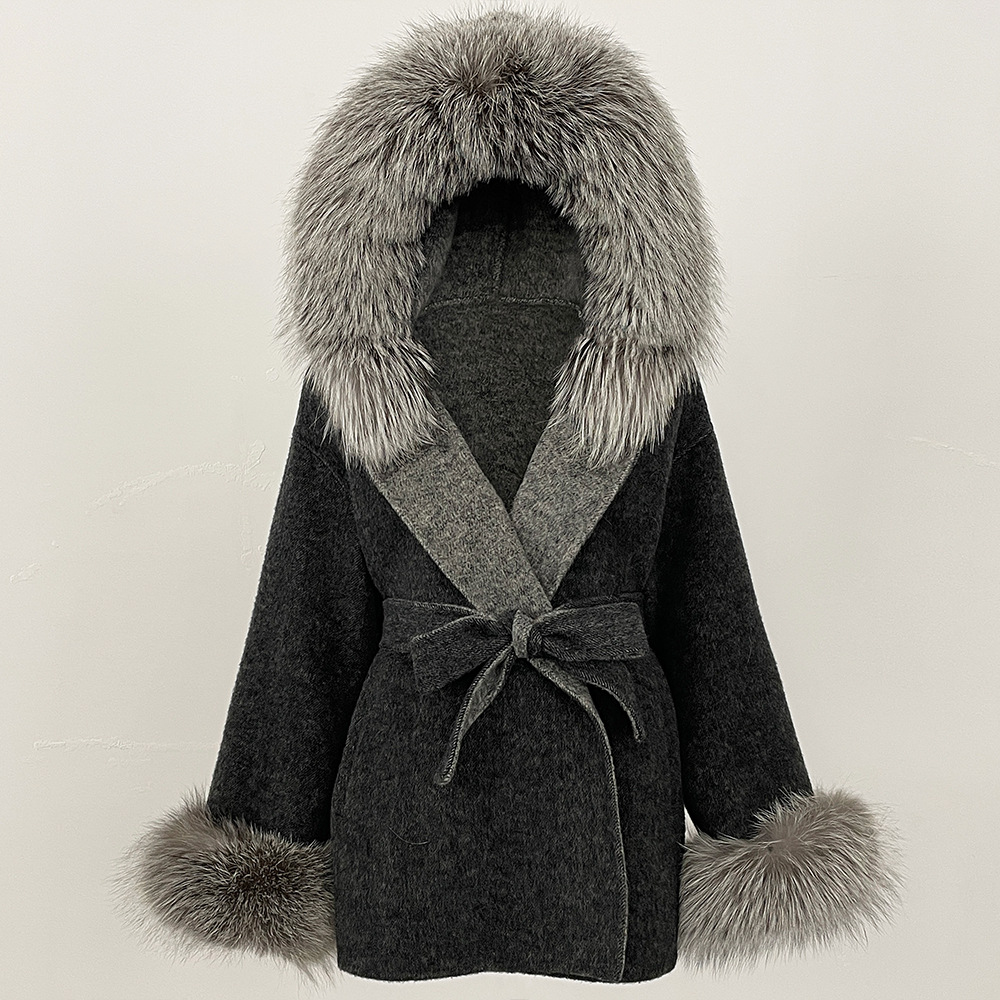 Picture of New Hooded Color-Blocked Fox Fur Collar Autumn and Winter Double-Sided Wool Outwear Women's Cloak Waist Thickeneded Woolen Outwear