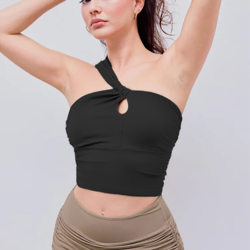 Cross-border Pleated Hollow Yoga Clothes Shoulder Irregular Sports Underwear Dance Training Fitness Vest with Chest Pad for Women