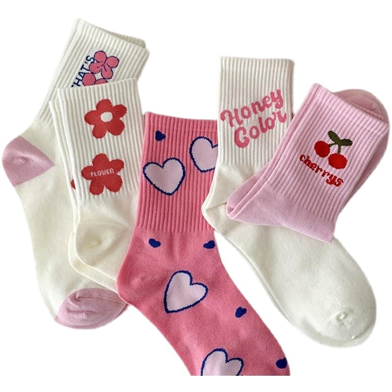Love Pink Socks Women's Mid-length Stockings Ins Trendy Spring and Summer Sweet Cute Girl Style Japanese Style Stockings