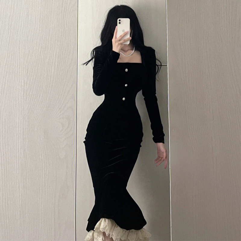 French Hepburn Style Elegant Lady Goddess Style High-class Black Velvet Dress Women's Autumn and Winter Long Hip Dress