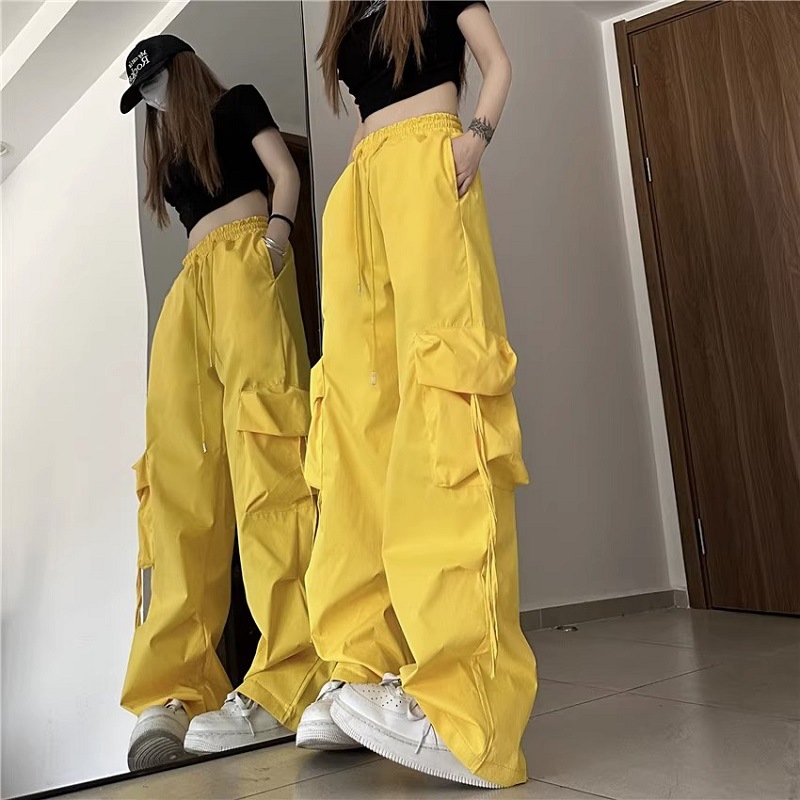 Picture of American Retro Niche Cargo Pants for Women with Stereo Flap Pocket Pantss, High-Waisted Straight Wide-Leg Ribbons, Loose Casual Floor-Length Pants