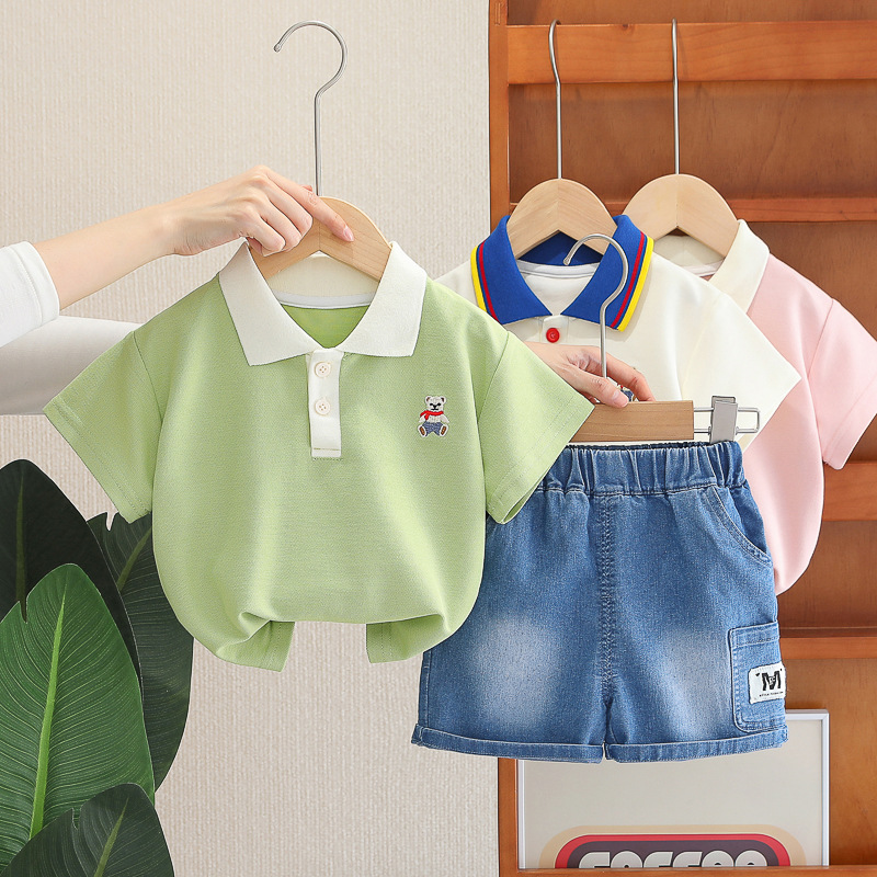 Children's lapel casual polo shirt short sleeve suit 2025 new Korean handsome Denim shorts two-piece summer