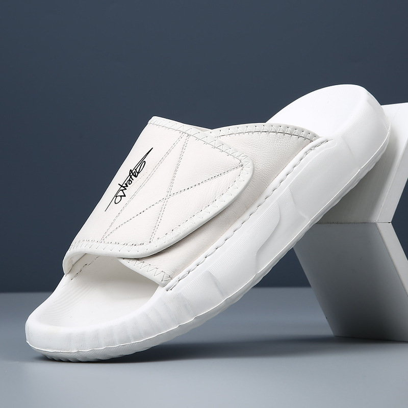 Summer Top Layer Cowhide Slippers Men's Home Indoor High-end Casual Sandals Soft Bottom Non-slip White Men's Slippers