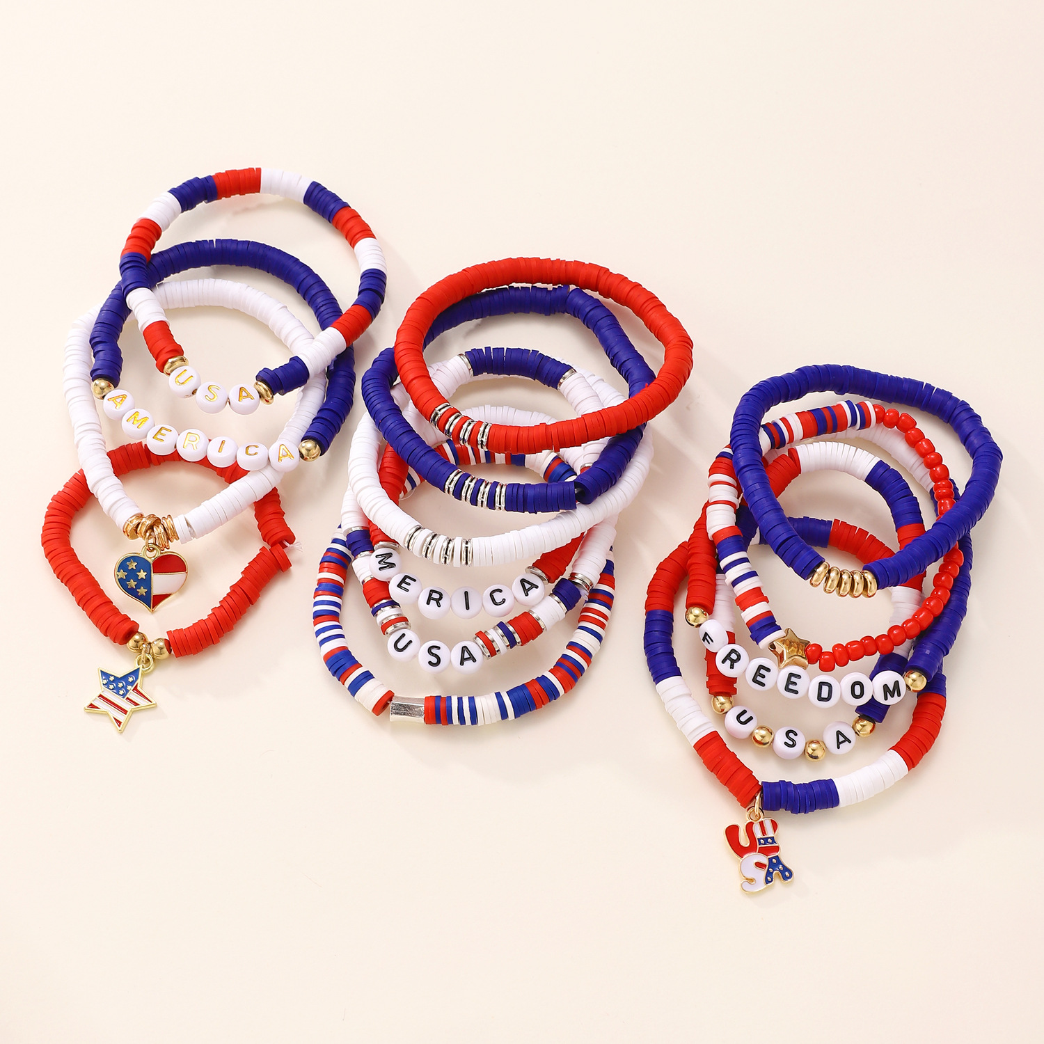 Picture of American Independence Day Bracelet suit Soft Pottery Beaded Letter Bow Love Personalized Fashion Multi-layer Bracelet for Women