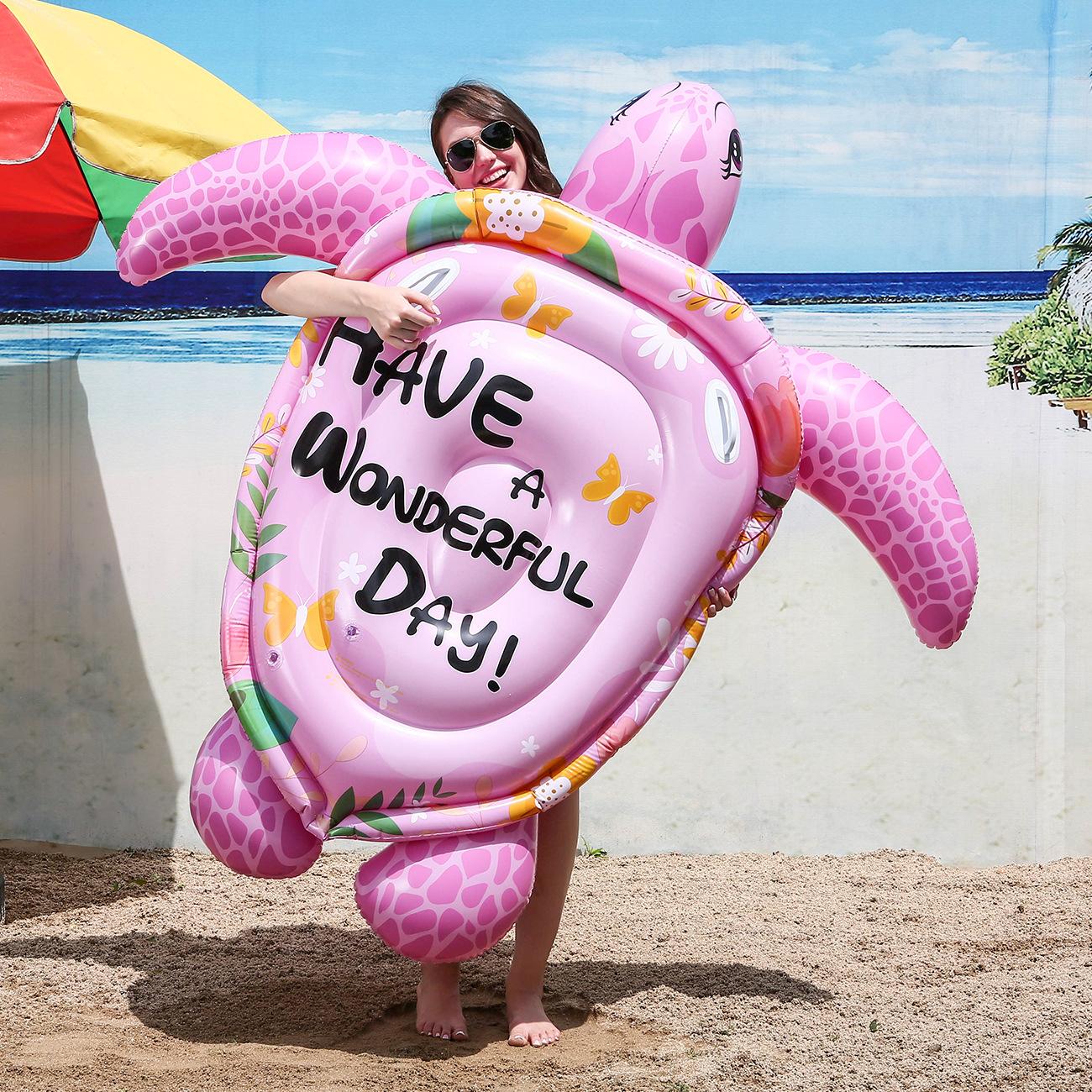 Picture of Adult inflatable pink turtle riding large water rafting mount floating row water toy swimming ring folding deck chair