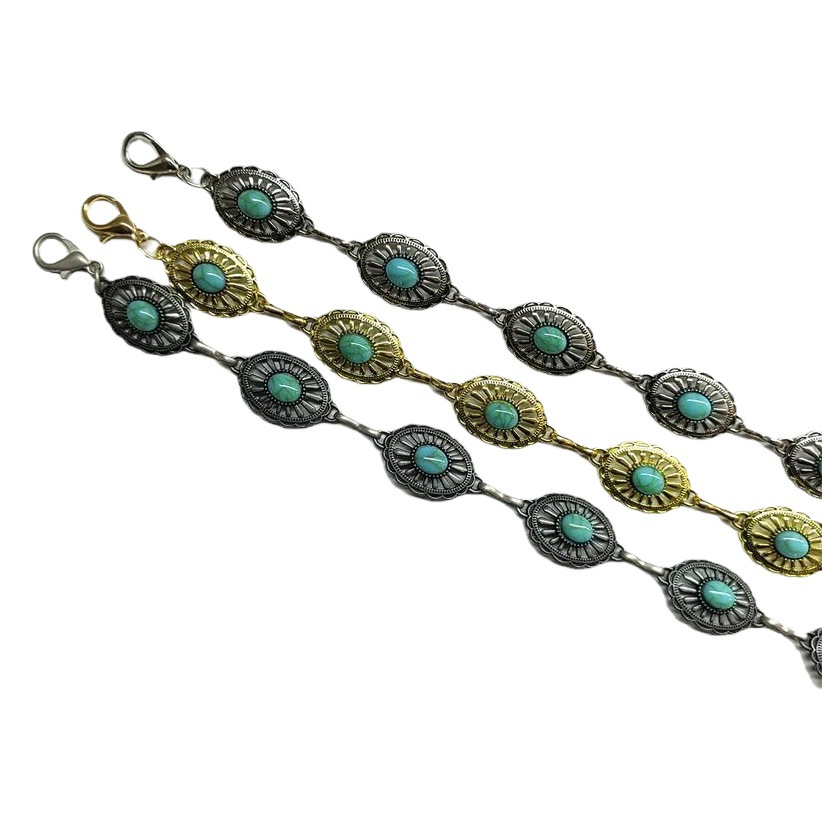 Cross-border jewelry European and American waist chain retro European standard turquoise inlaid metal carving chain all-match ins tide