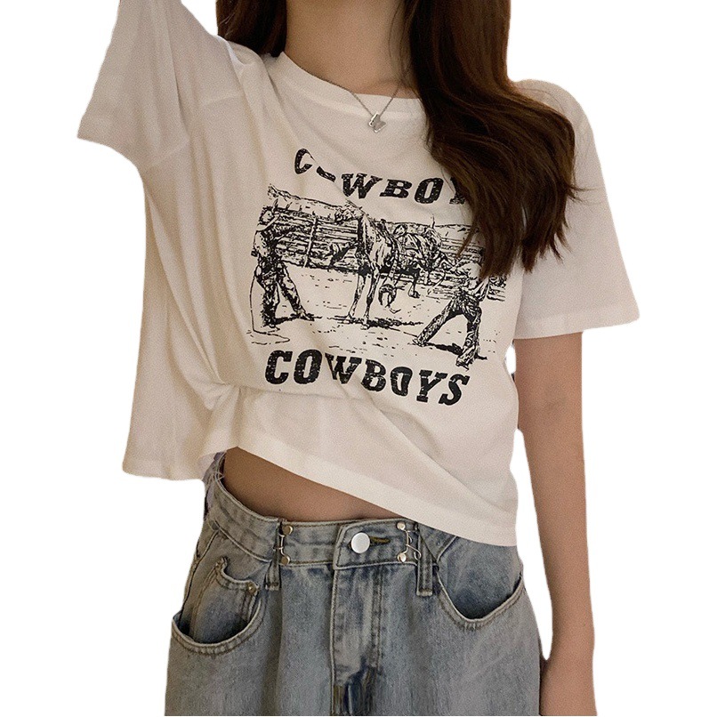 Retro Printed Short-Sleeved T-Shirt for Women 2025 Summer New Korean Style Design Girl Slim Student Top