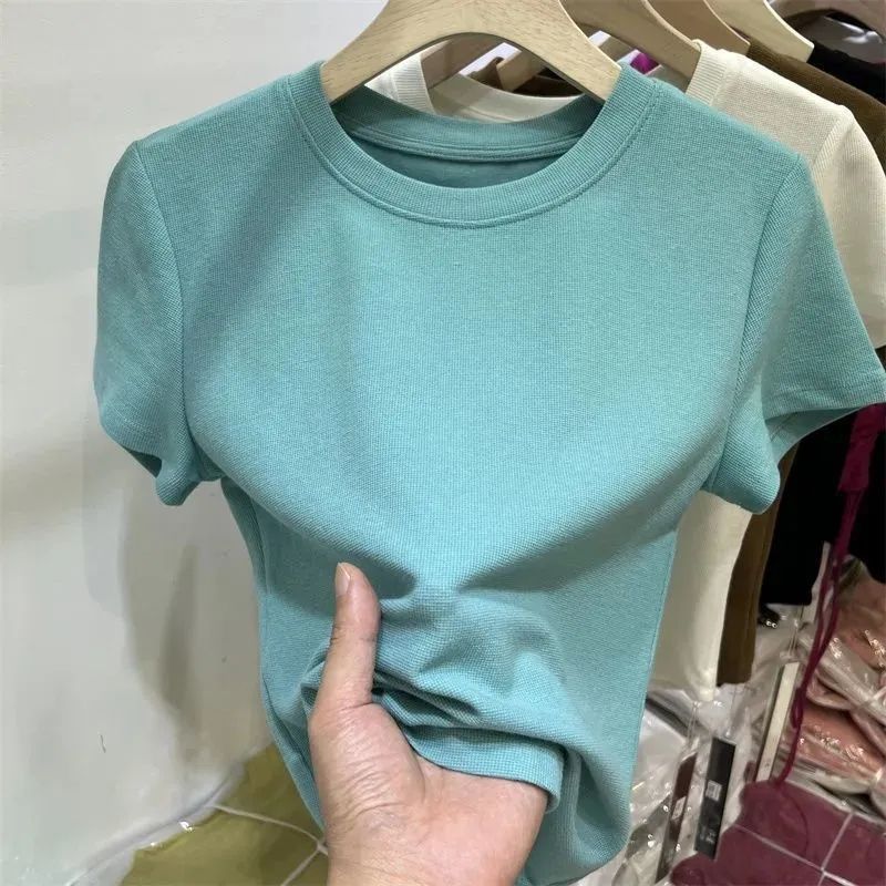 Picture of [Multi-color optional] high-grade solid color mask T-shirt women's short sleeve summer new slim slim base shirt top