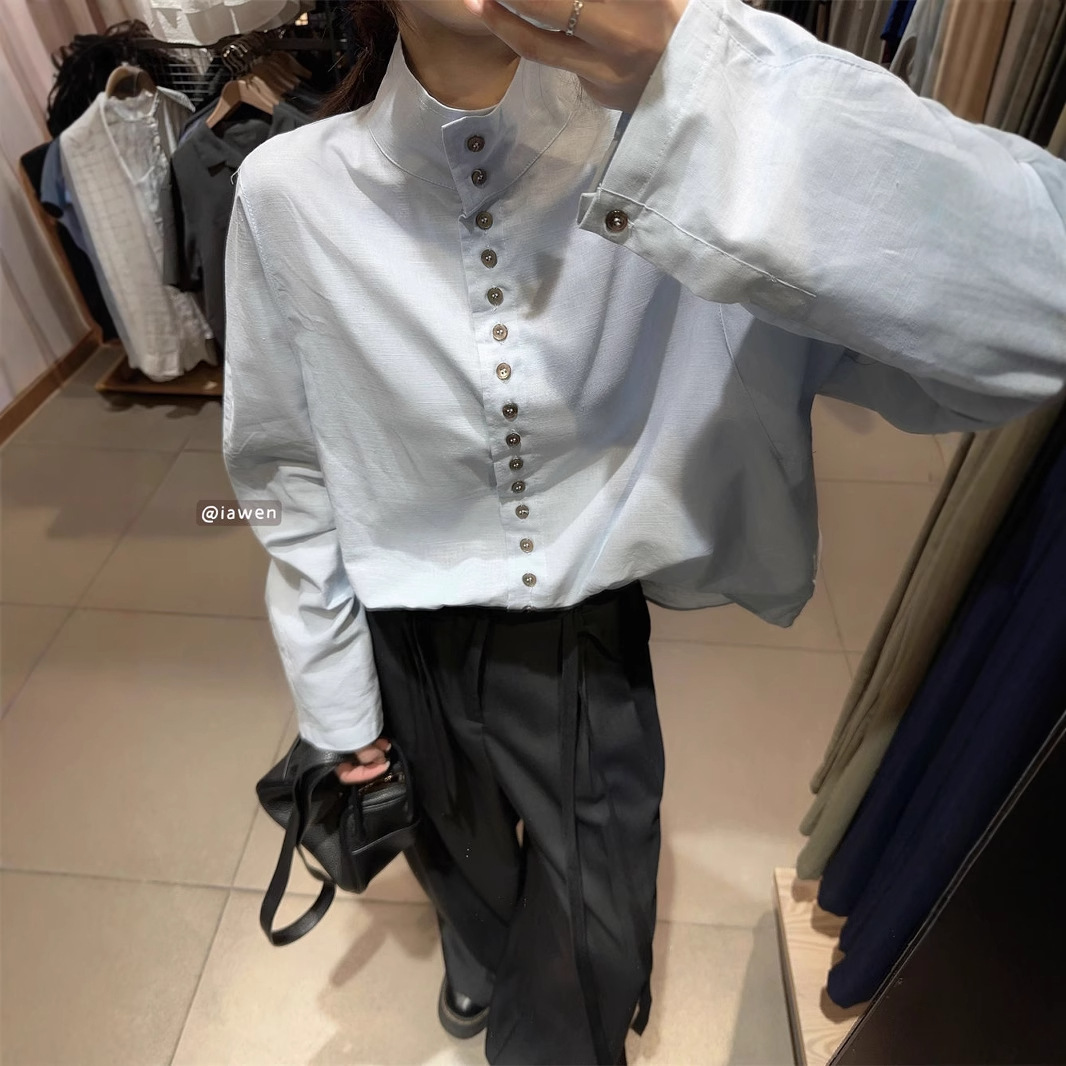 High-End Elegant Suit for Women, Fashionable Stand-Up Collar Buttoned Shirt Top, Autum High-Waisted Floor-Length Casual Pants Two-Piece Set