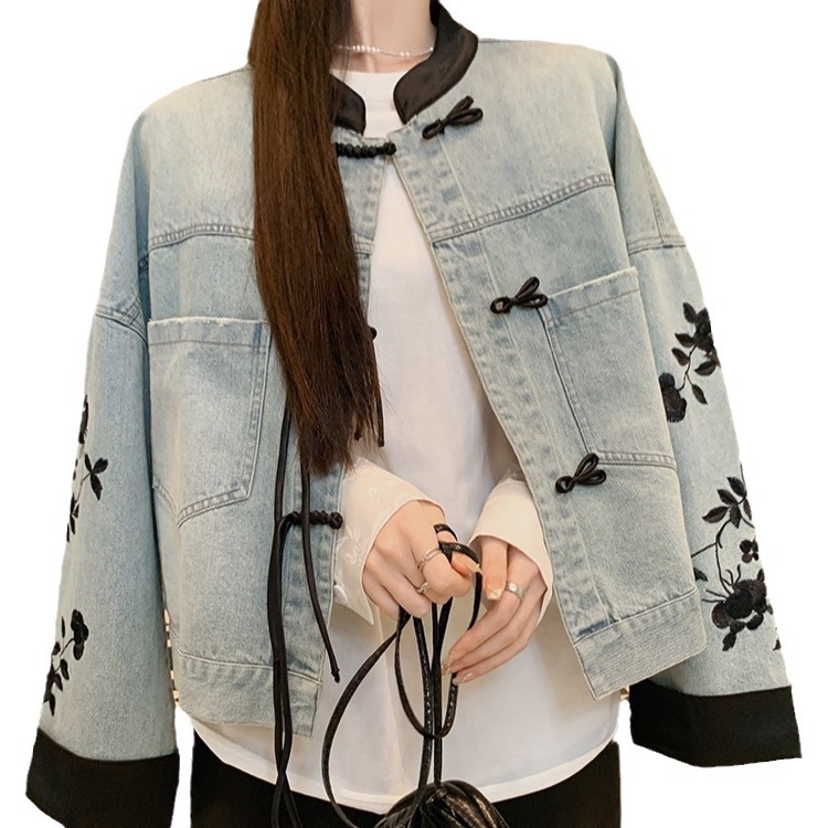 Picture of Blue New Chinese Embroidered Denim Coat Women's Short 2024 Spring and Autumn New Korean Style Small Design Top