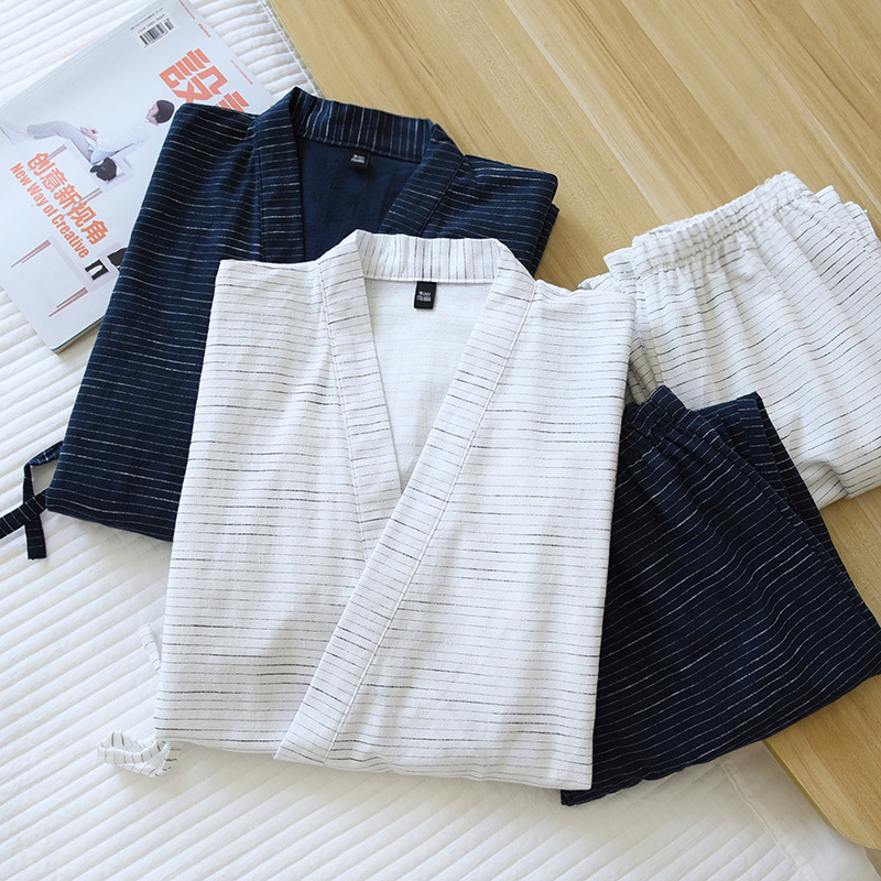 Men's Summer Cotton Bathrobe Two-piece Set Spring and Autumn Long Cotton Kimono Thin Pajamas Men's Japanese-style Home Clothes