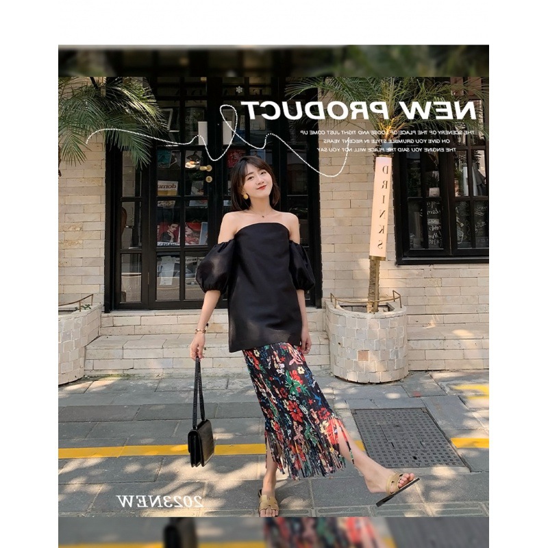 Picture of 2024 Summer Pleated Fashionable Slim Fit Miyake Printed Pleated Tassel Skirt