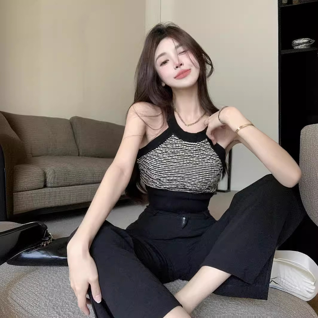 Sweet hot girl knitted camisole women's summer outer wear black halter short tight design inner top