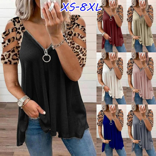 2021 Europe Cross-border Women's Independent Station Amazon wish Sexy Low-cut Zipper Leopard Shoulder Short-sleeved T-shirt