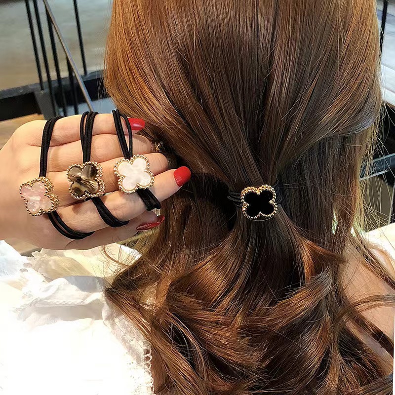 New ins hair rope South Korea Clover vintage pearl hair band Black adult hair rope female rubber band temperament hair band