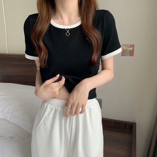 Picture of Contrast Color Round Neck Short Sleeve T-Shirt Women's 2025 New Summer Base Shirt Korean Style Slim Fit Short Student Top Trendy