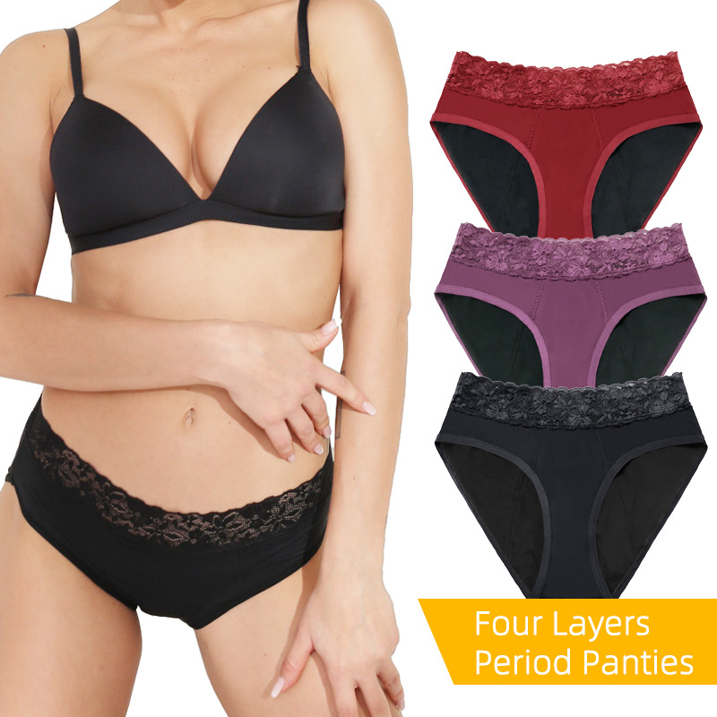 Picture of Menstrual Underwear Export Large Size Mid-Waist Cut Out Lace Front and Rear Leak-Proof Menstrual Period Free Sanitary Napkin Four-Layer Menstrual Pants