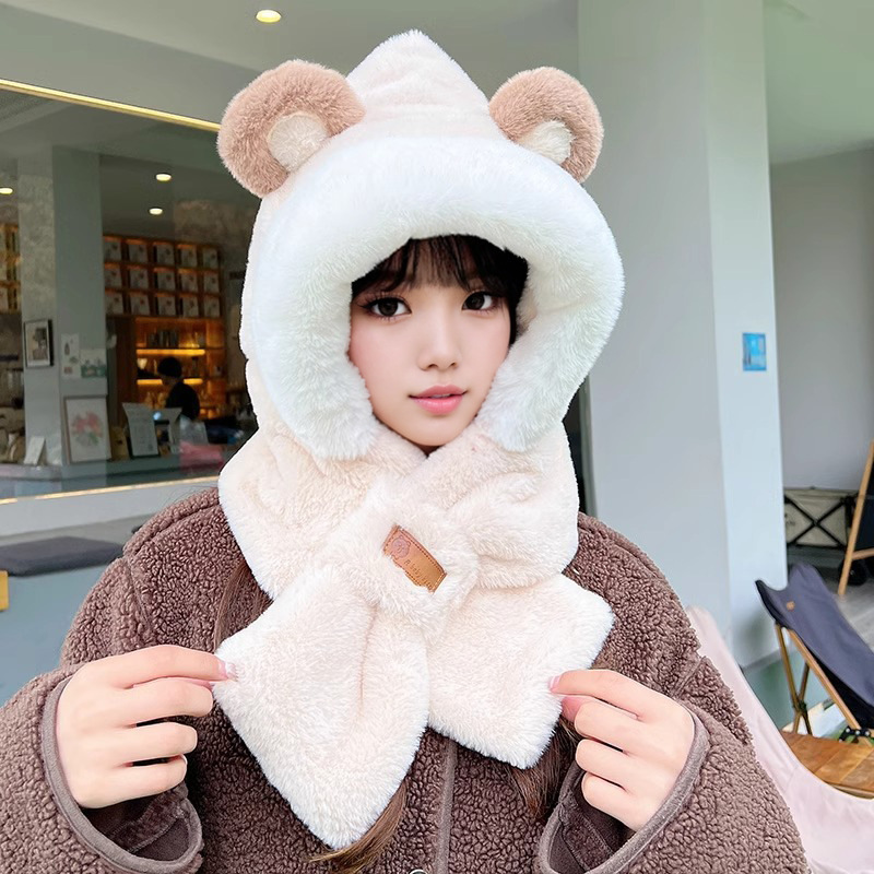 Picture of Cute Bear Hat Gloves Three-in-One Scarf Plush Hat Winter Riding Women's Easy Outdoor High-Level Warm Hat