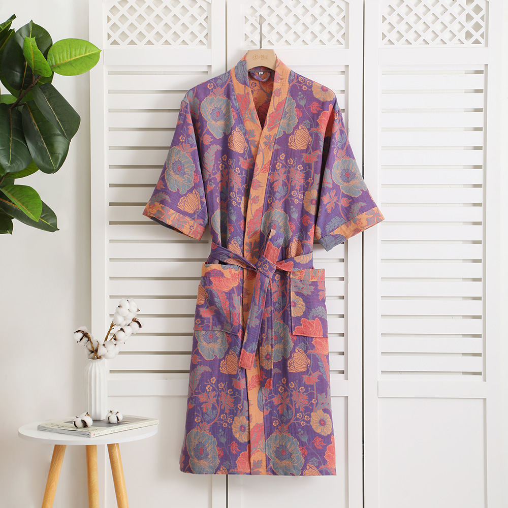 Picture of Pure Cotton Double Gauze Bathrobe Class A Thin Pajamas for Spring and Summer Home Clothes Nightgown Couple's Water Absorbent Quick-drying Bathrobe