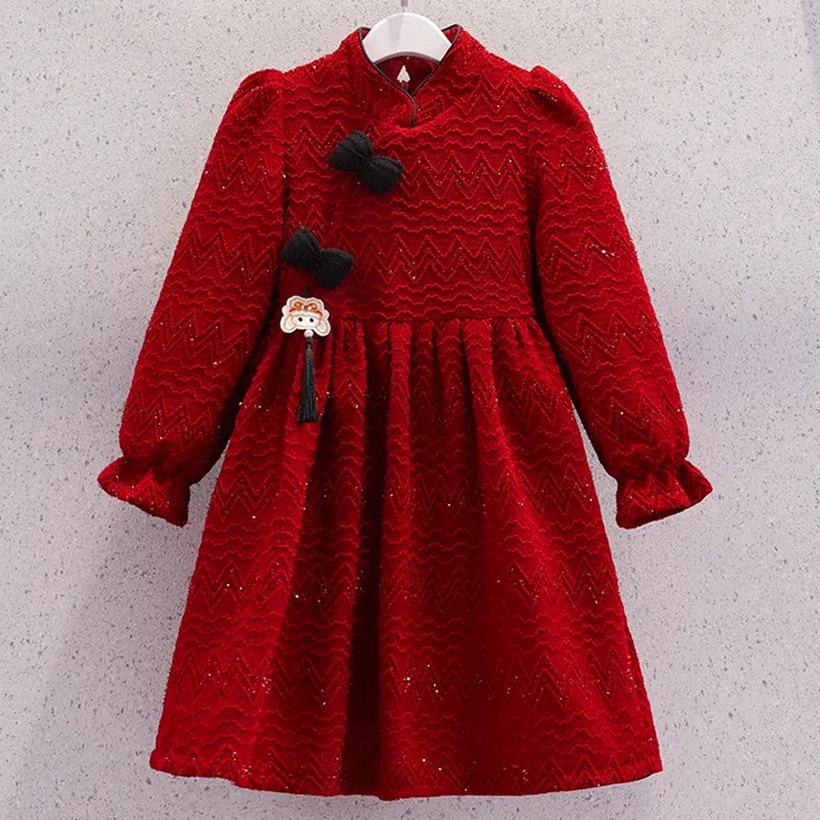 Girls' Autumn and Winter Red New Year's Clothing fleece-lined dress Middle and Big Kids Girls Fashion Chinese Retro Cheongsam Skirt