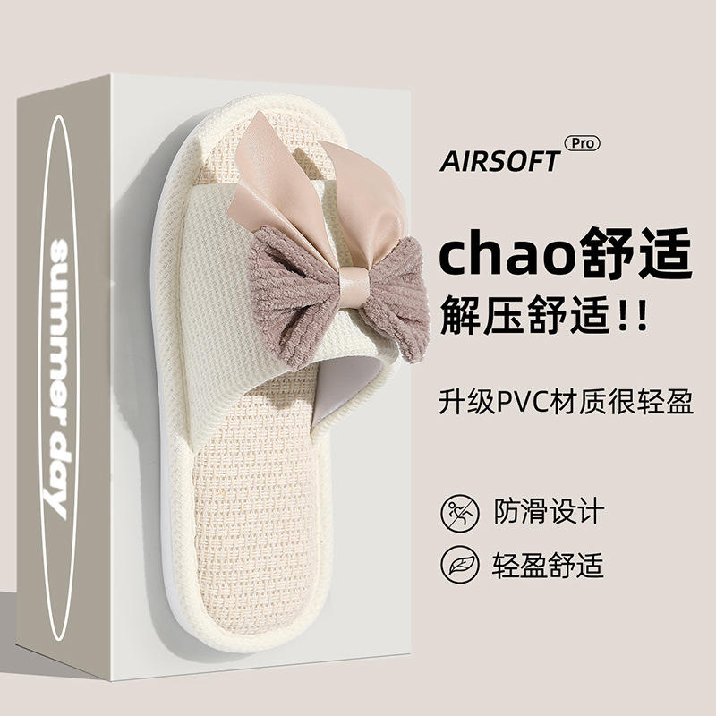 Bow Linen Slippers Women's Summer Indoor Home Floor Sweat-absorbent Couples Cotton Sandals Four Seasons Wholesale