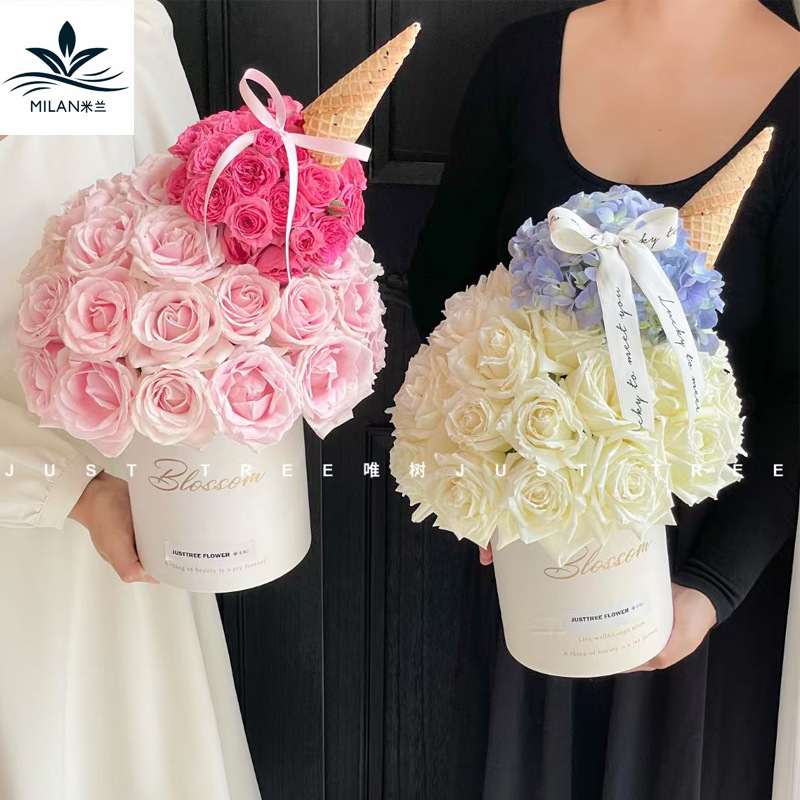 Simple English Mother of Pearl Series Round Hugging Bucket Flower Packaging Box Floriculture Gift Box Eternal Flower Flower Flower Set